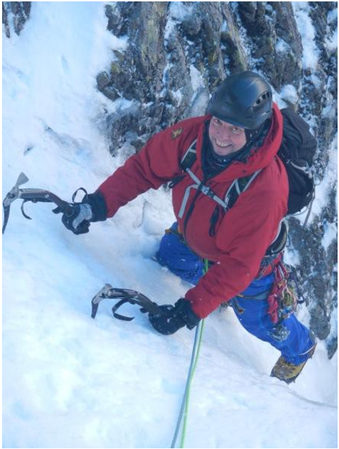 Stuart at top of first ice pitch on North Gully