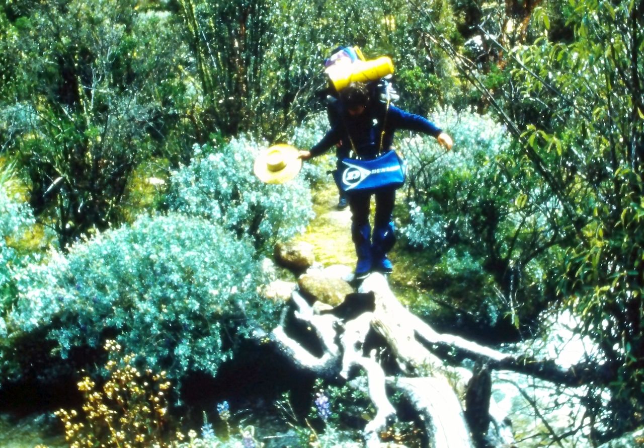 Hoofing out heavily laden, here I'm balancing across a log bridge.