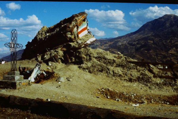 The iconically sad bus destroyed by the 1970 earthquake which set off a huge debris slide from Huascaran, a small part of which destroyed Yungay.