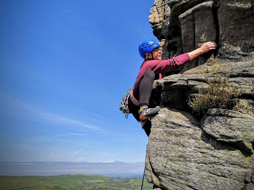 Ray Cassidy on Middle Buttress at Windgather Rocks on the April 2025 Peak meet