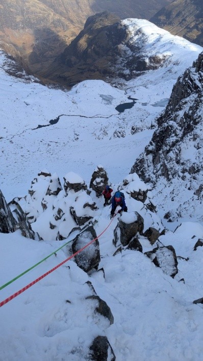 Lizzy D and Ray C on Dorsal Arete. Photo by Simon Boothroyd